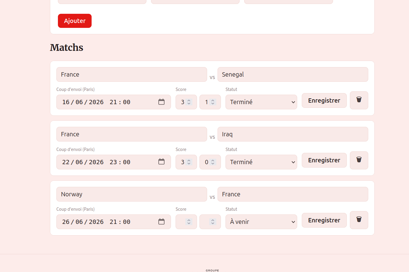 Liste des matchs côté admin, avec scores et statuts modifiables