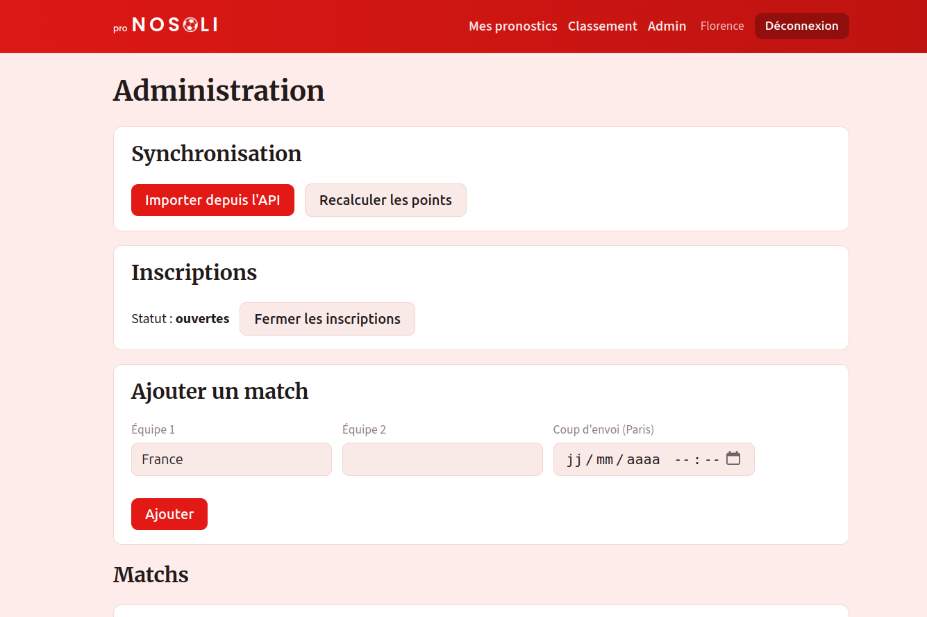 Panneau d'administration : synchronisation avec l'API, inscriptions, ajout de match